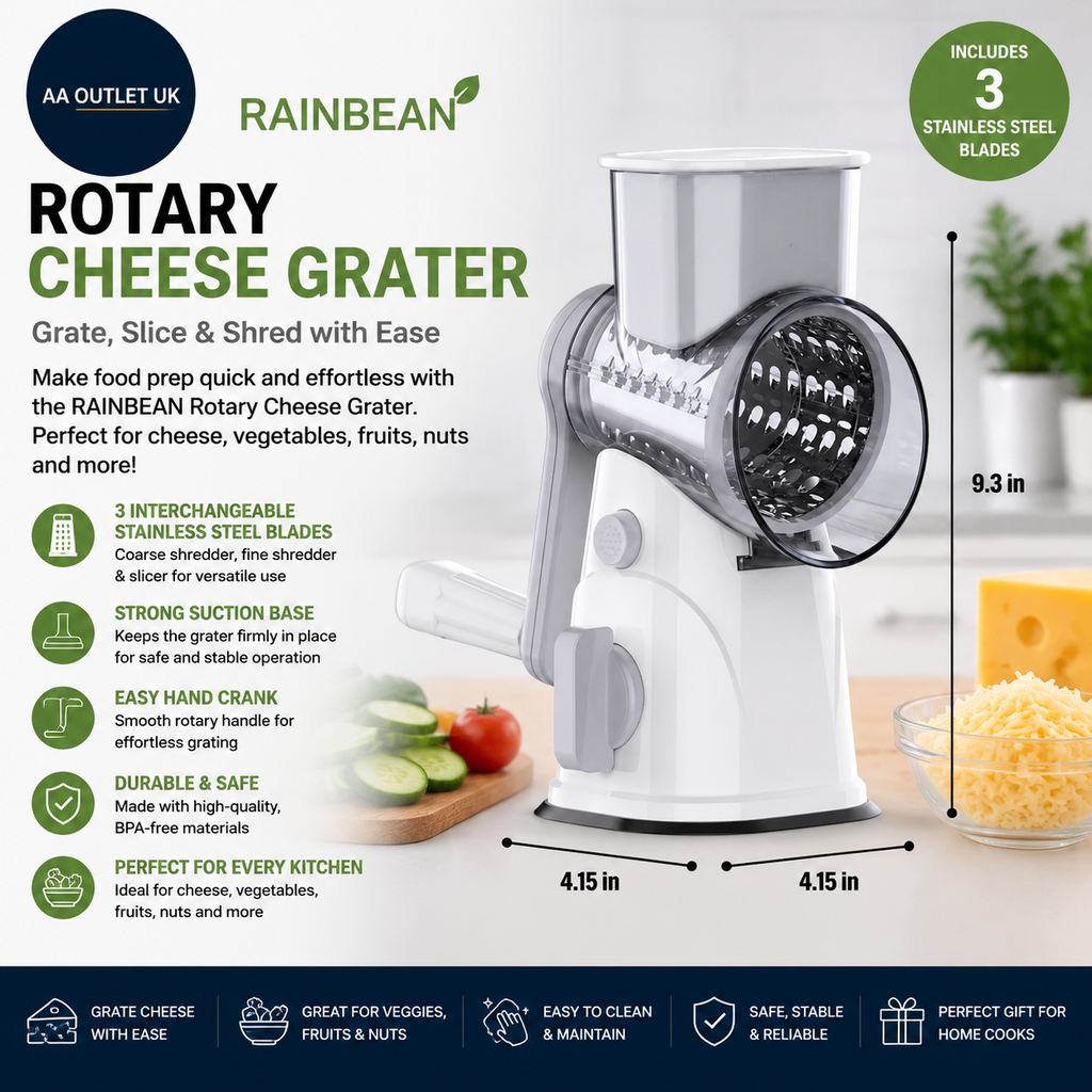 Rainbean Rotary Cheese Grater Kitchen Hand Crank Shredder 3 Interchangeable