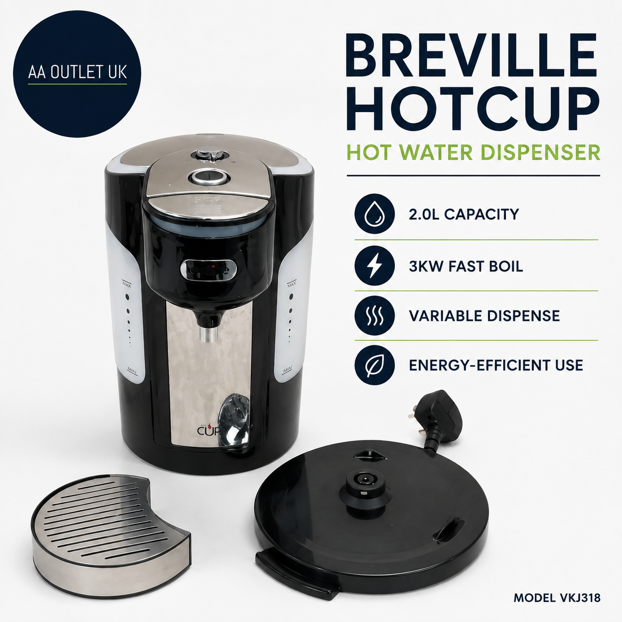 Breville HotCup Hot Water Dispenser 2L With 3kw Fast Boil Variable Dispense