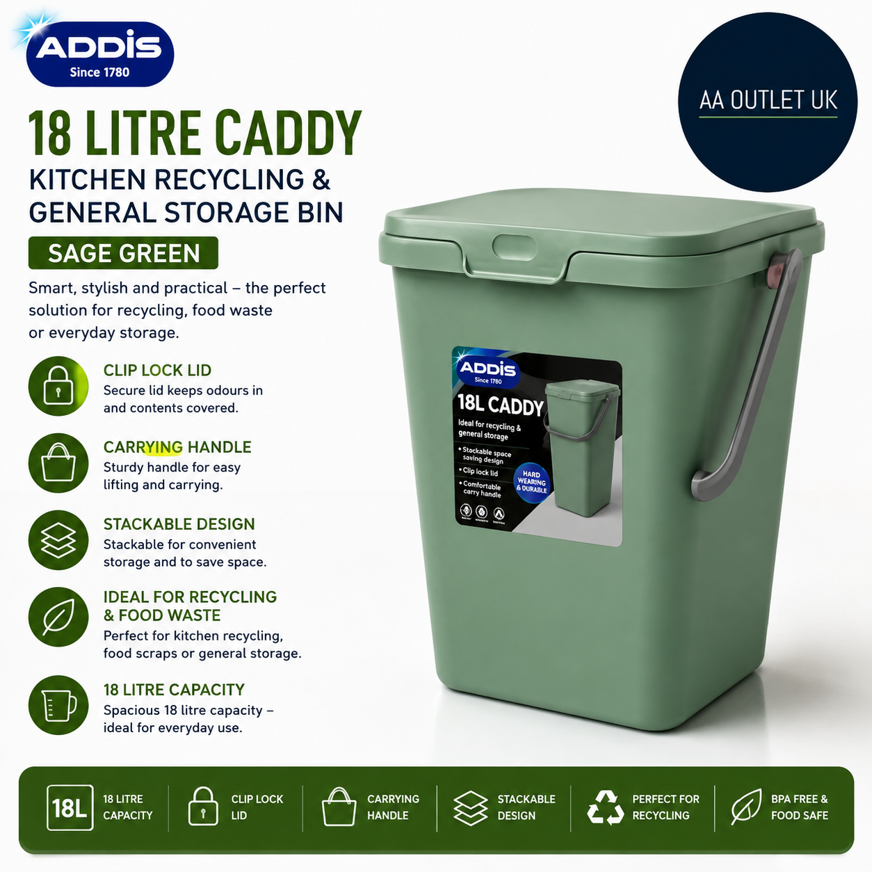 Addis 519353 Kitchen Recycling General Storage Bin 18L Stackable Sage Green