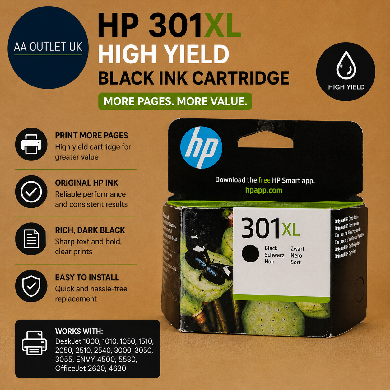 HP 301XL High Yield Black Original Ink Cartridge CH563EE Works DeskJet 1000 1010