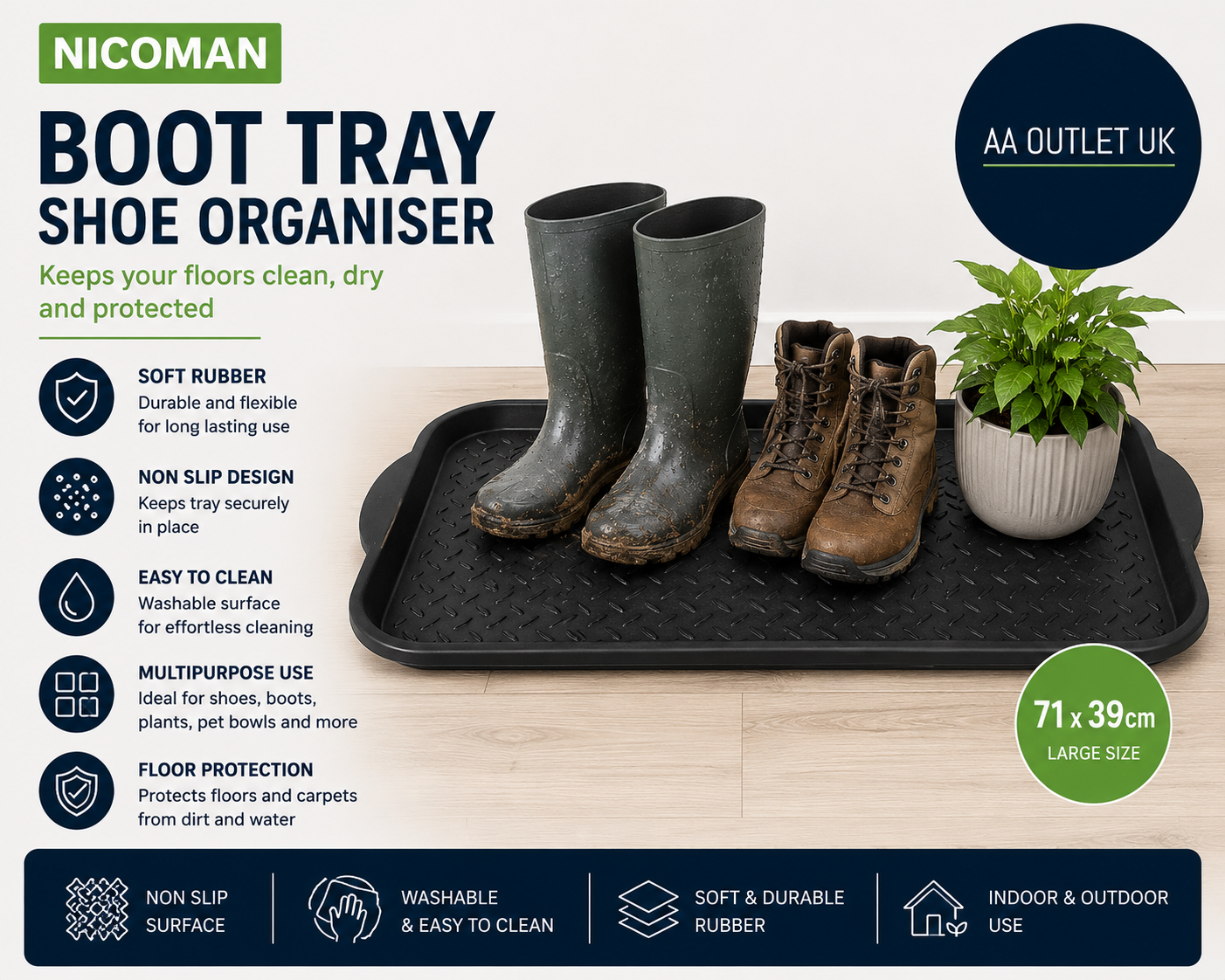 Nicoman Boot Tray Shoe Organiser Soft Rubber Non Slip Washable 71x39cm