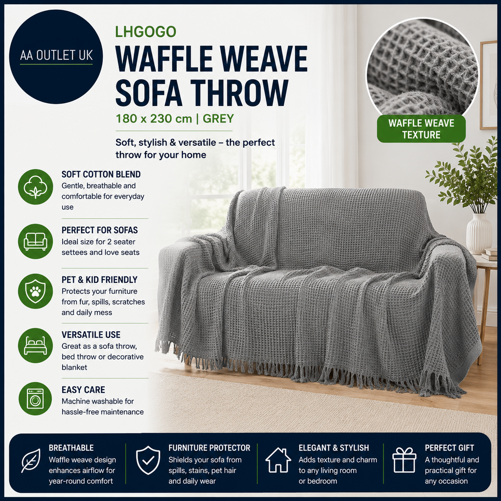 LHGOGO Waffle Weave Sofa Throw Large Soft Cotton Blend Blanket 180x230cm