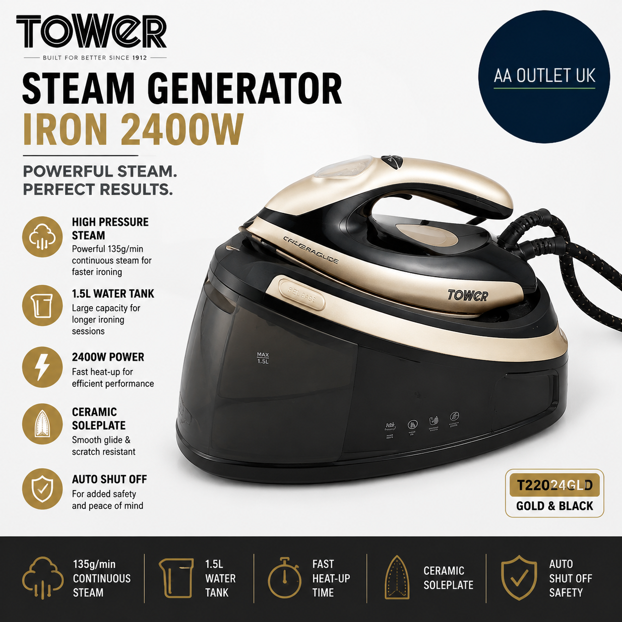 Tower Steam Generator Iron 2400W High Pressure Faster Ironing 1.5L Tank Black