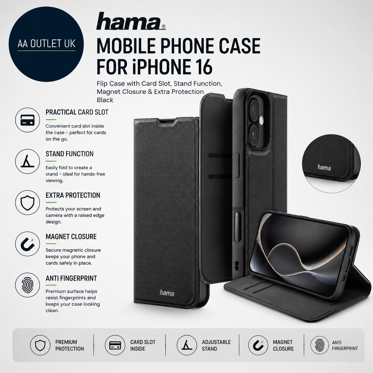 Hama Mobile Phone Case iPhone 16 Standing Card Slot Extra Protection Black