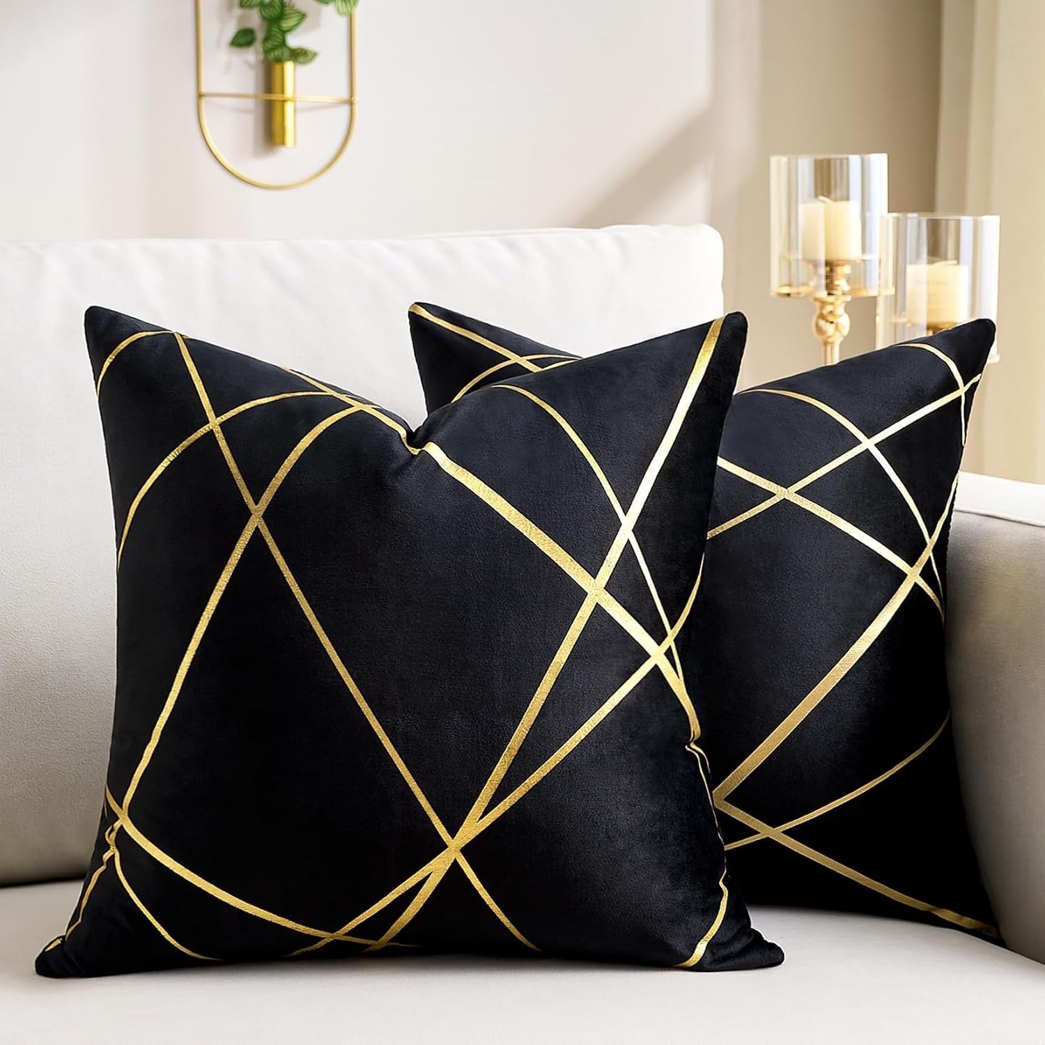 Velvet Cushion Cover Black Decorative Throw Pillow Gold Lines Square 50x50cm New