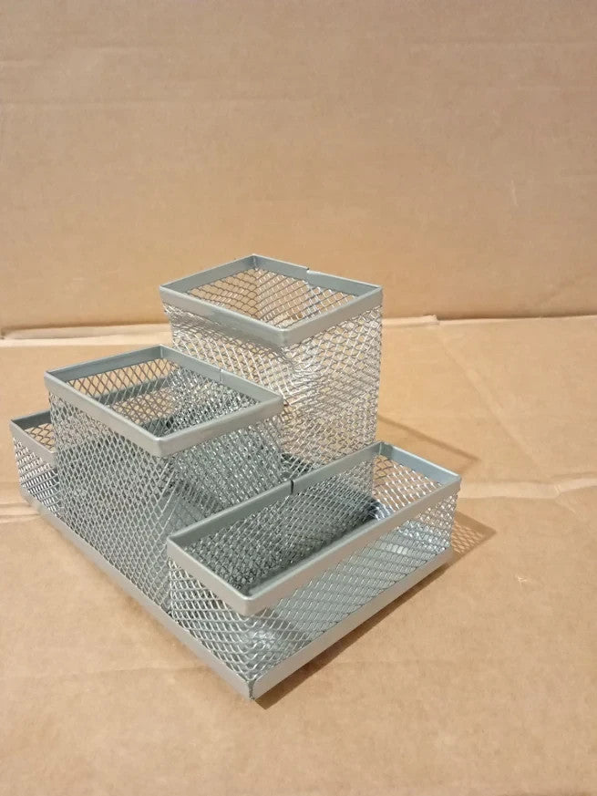 D.RECT Mesh Desk Organiser Pen Holder Office Storage Tray Silver Metal Design