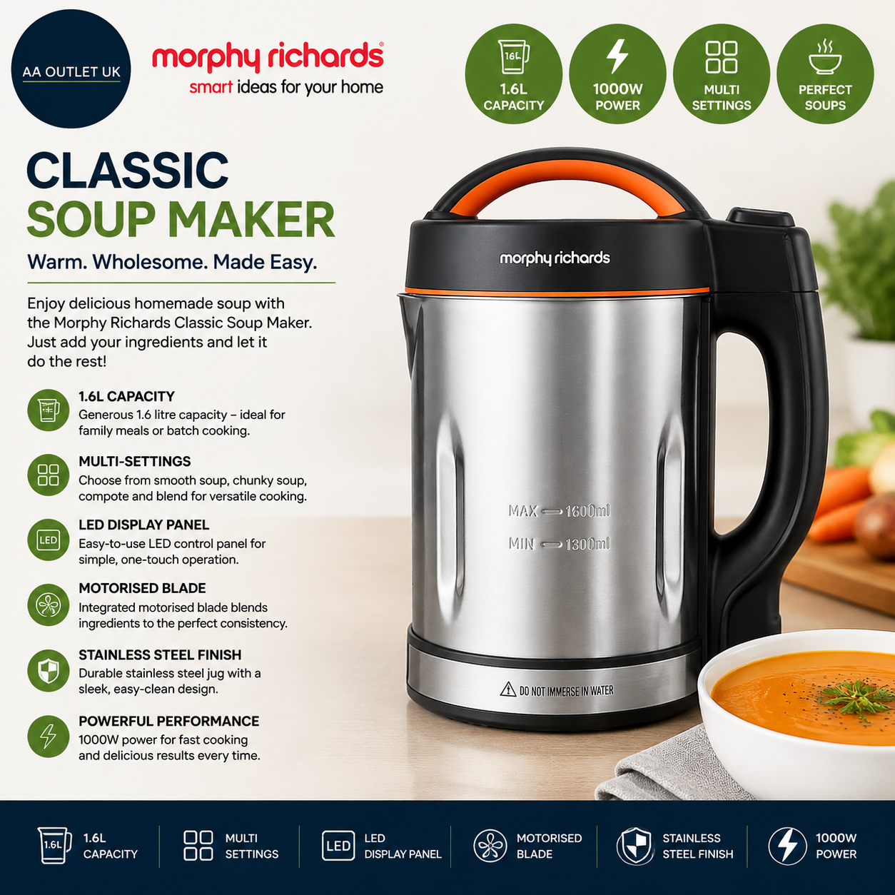 Morphy Richards Classic Soup Maker 1.6L Multi Settings LED 1000W 48822