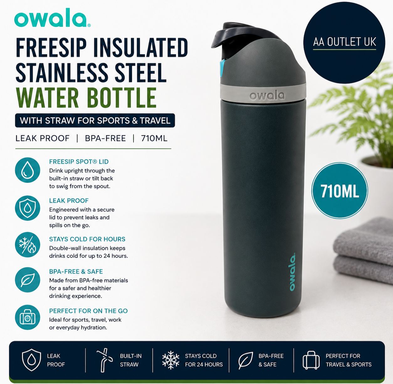Owala FreeSip Insulated Stainless Steel Water Bottle Straw Sports Travel 710ml