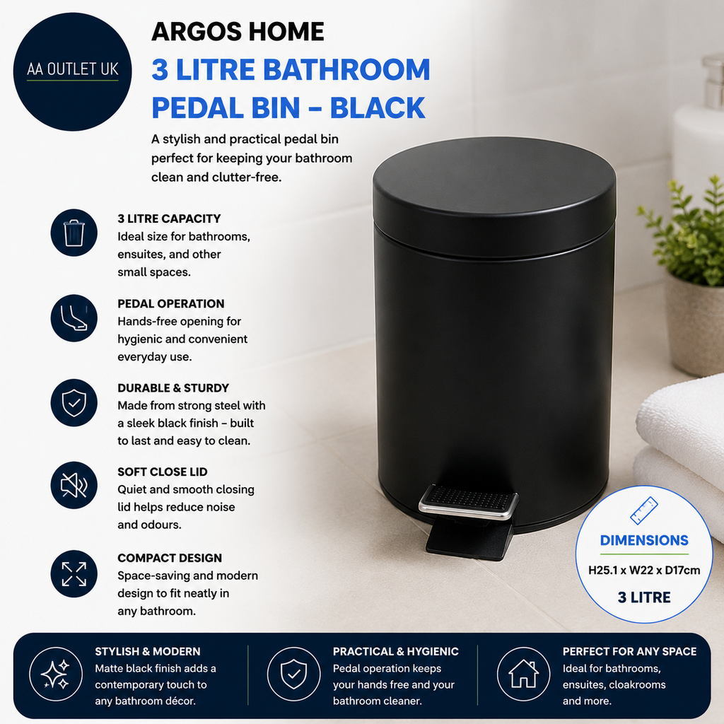 Argos Home 3 Litre Capacity Bathroom Pedal Bin Black 25.1x22x17cm