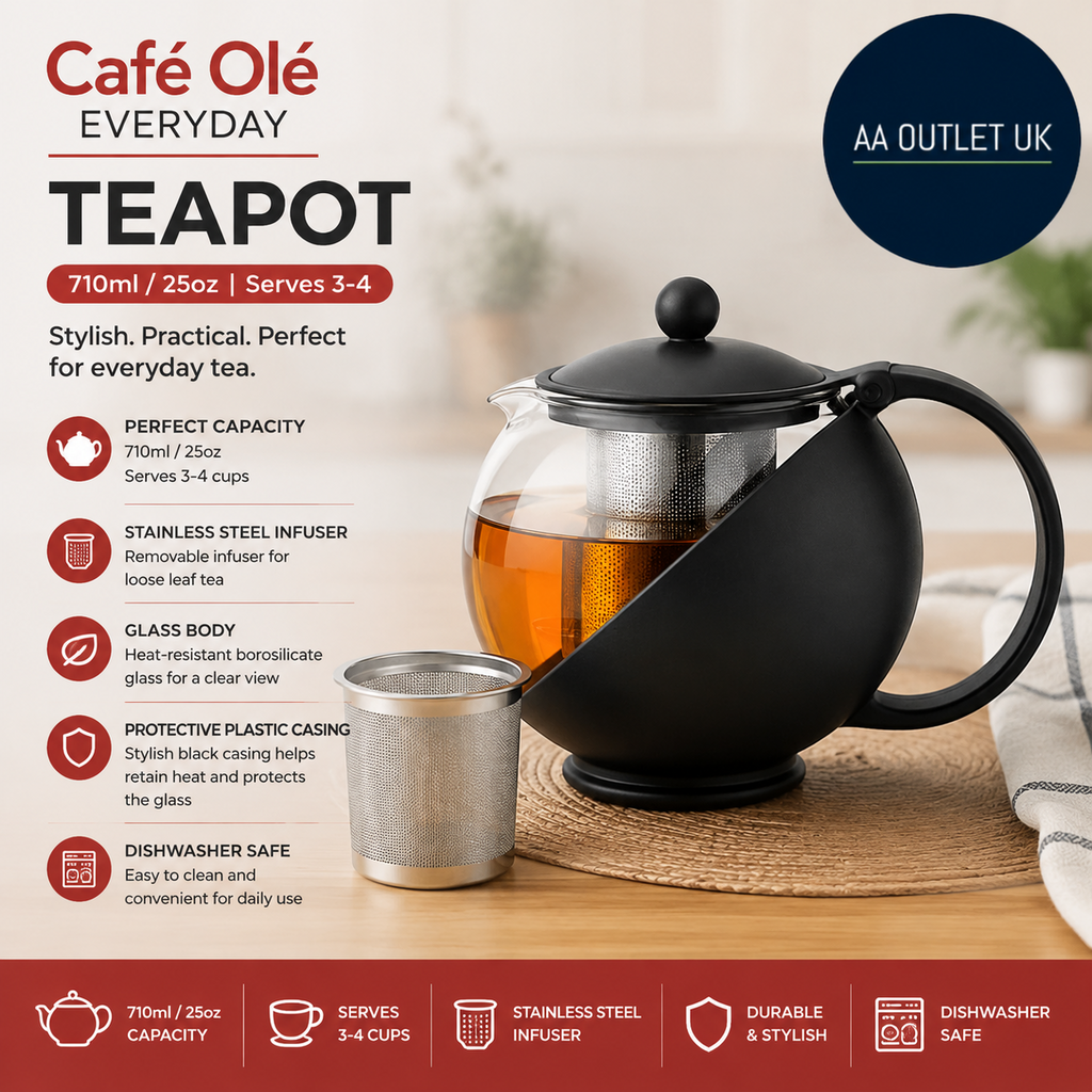 Cafe Ole Everyday Teapot Black 710ml  25oz  Serves 3-4 Stainless Steel