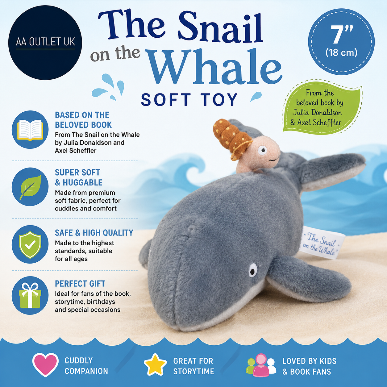 The Snail On The Whale Soft Toy 61238 7in Grey Julia Donaldson Axel Scheffler