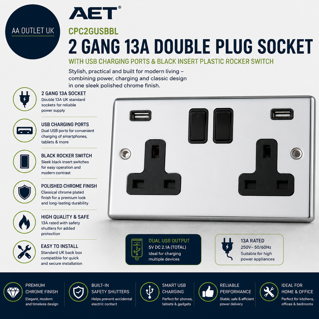 AET CPC2GUSBBL 2 Gang 13 A Double Plug Classical Chrome Polished Socket