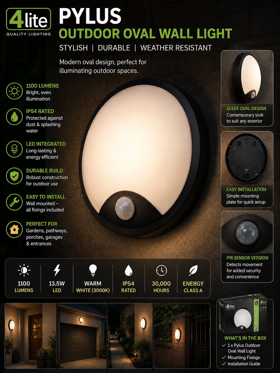 4lite Pylus Outdoor Round Wall Light Black 1100lm Bulkhead IP54 LED Integrated