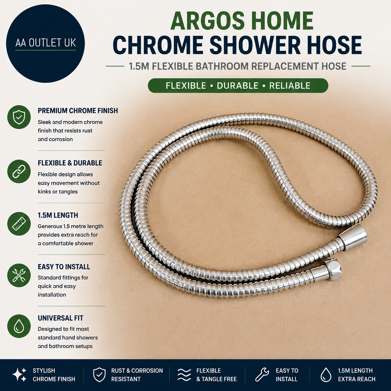 Argos Home Chrome Shower Hose 1.5m Flexible Bathroom Replacement Hose Design New