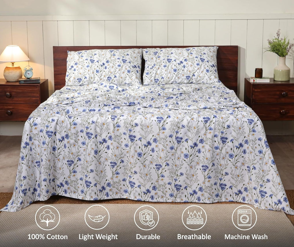 Ruvanti 100% Cotton Percale Sheets California King Size Sweet Pea Breathable New