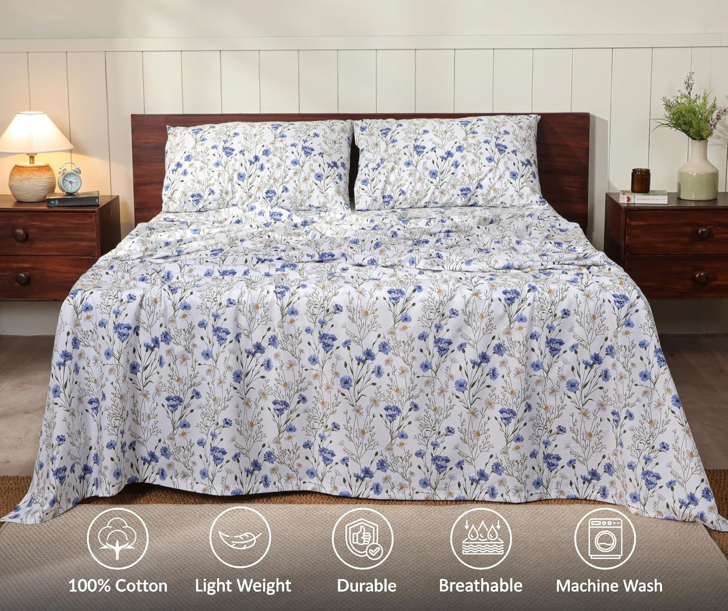 Ruvanti 100% Cotton Percale Sheets California King Size Sweet Pea Breathable New