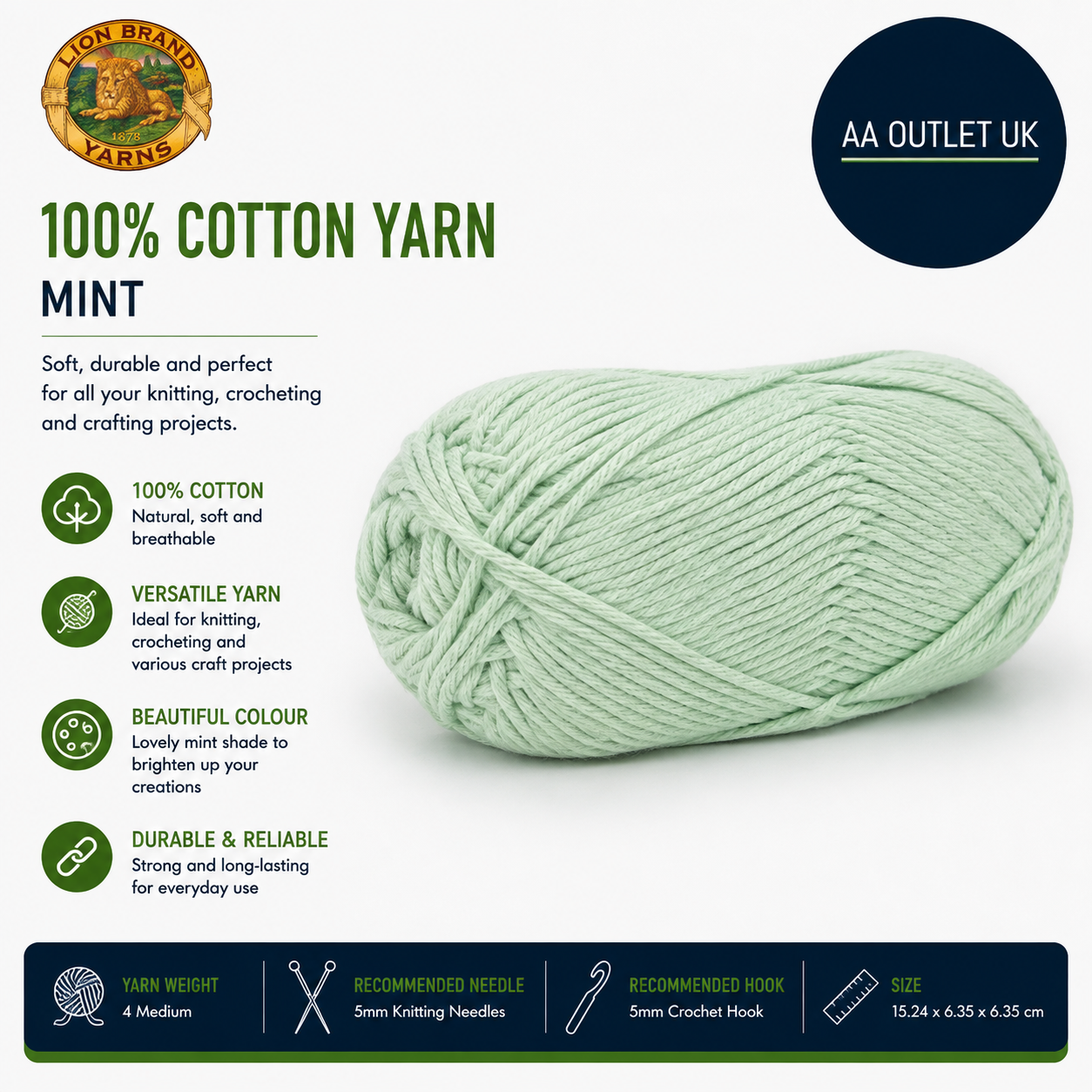 Lion Brand Yarn Company Cotton Yarn Cotton Mint 15.24x6.35x6.35cm