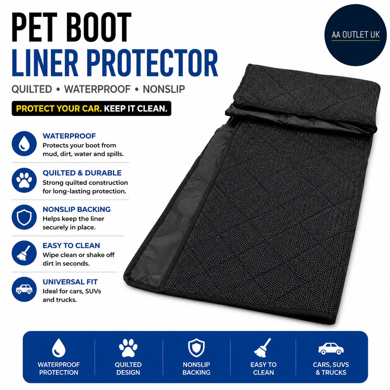 Pet Boot Liner Protector Quilted Waterproof Nonslip Car SUV Truck Black Design
