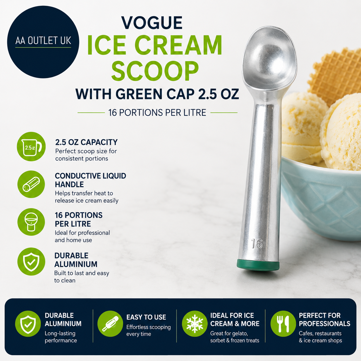Vogue Ice Cream Scoop Green Cap 2.5 oz Aluminium 16 Portions Per Litre J089
