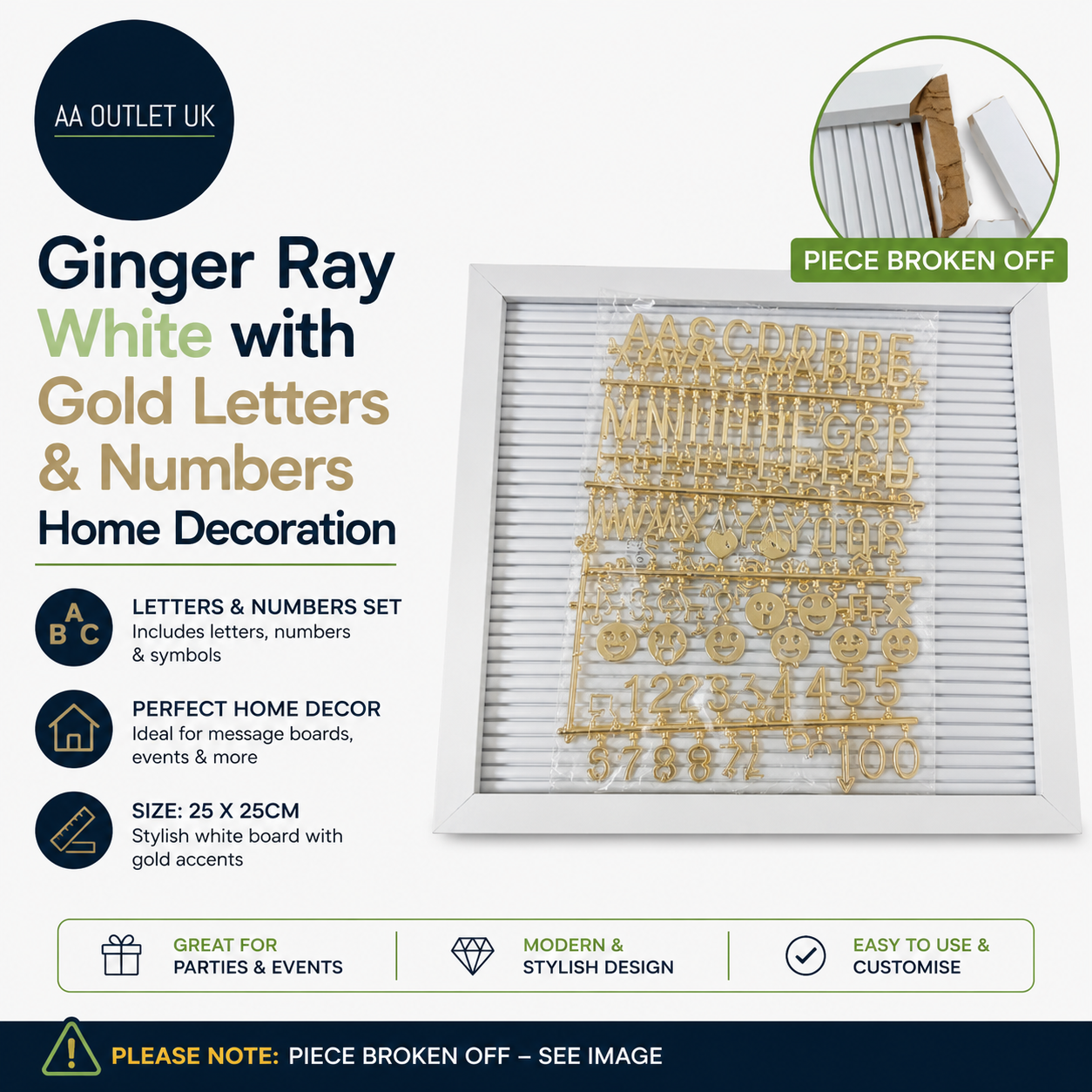 Ginger Ray White Gold Letters Numbers Home Decoration Wall Mount 25x25cm