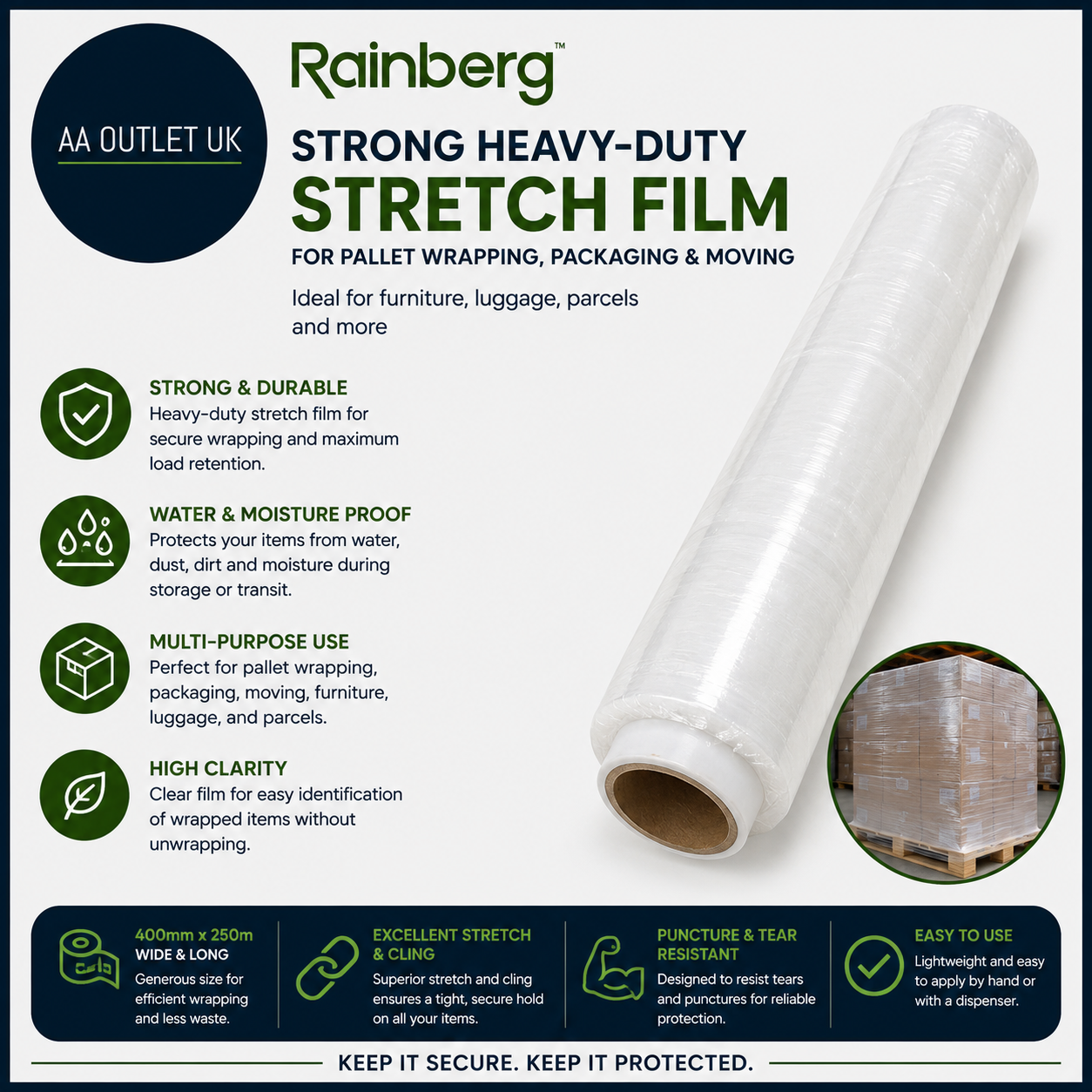 Rainberg Strong Heavy Duty Stretch Film Pallet Wrapping Packaging 400mmx250m