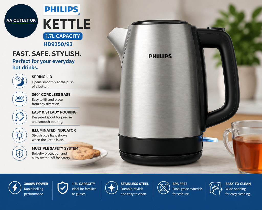 Philips Kettle 1.7L Spring Lid Stainless Steel Pirouette Base Silver HD9350/92