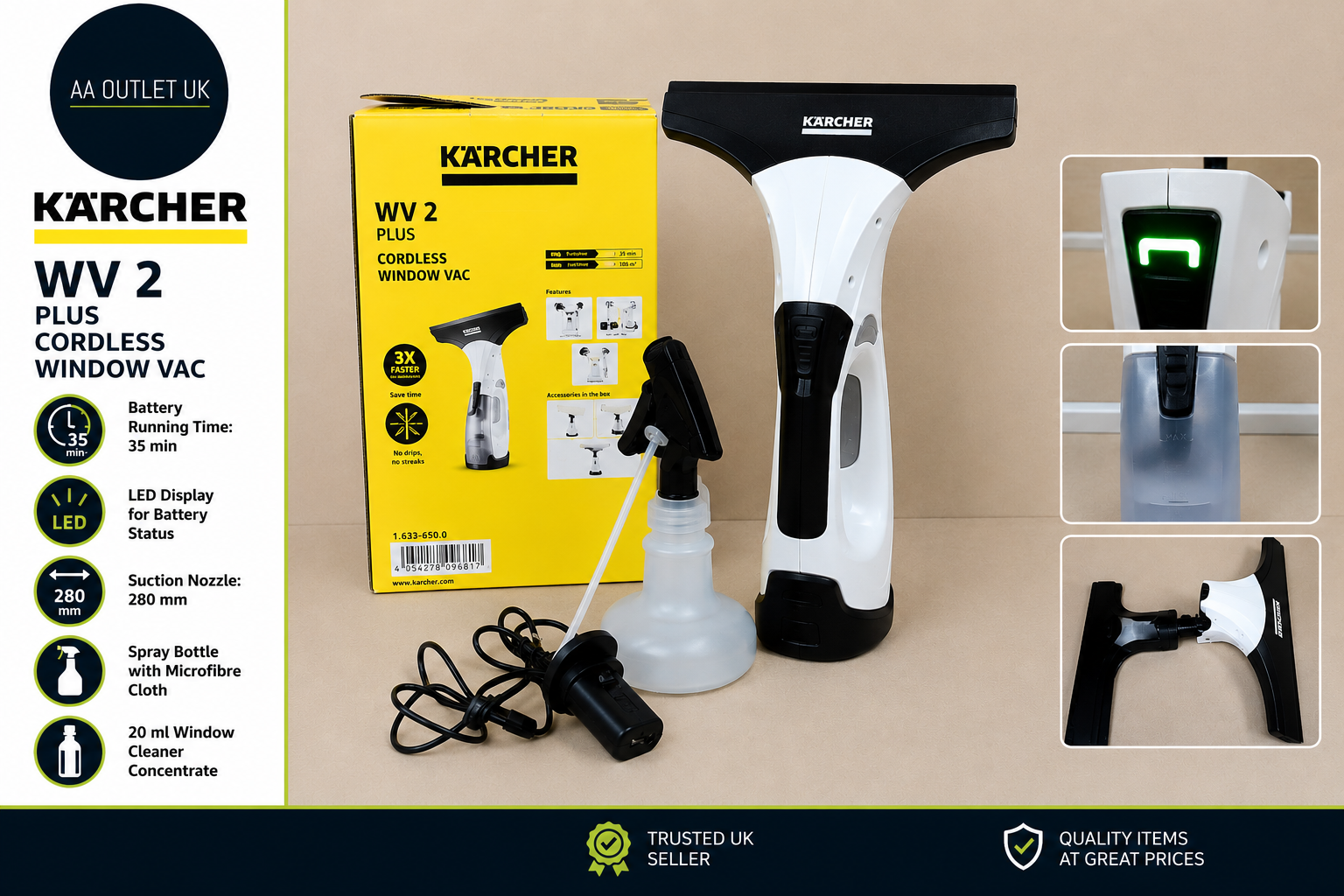 Karcher Window Vac WV 2 Plus Battery Running Time 35min LED Display New