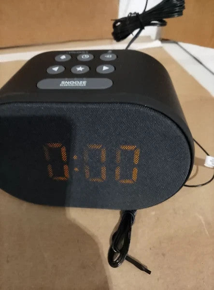 I Box Bedside FM Radio Alarm Clock Mains Powered Battery USB Port 10x8cm New