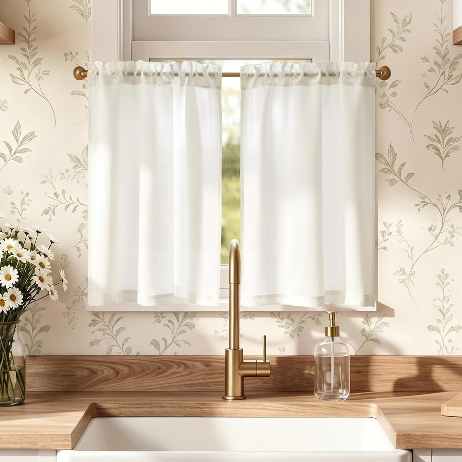 Topick Linen Look White Kitchen Curtains 26x24in Drop Light Filtering New