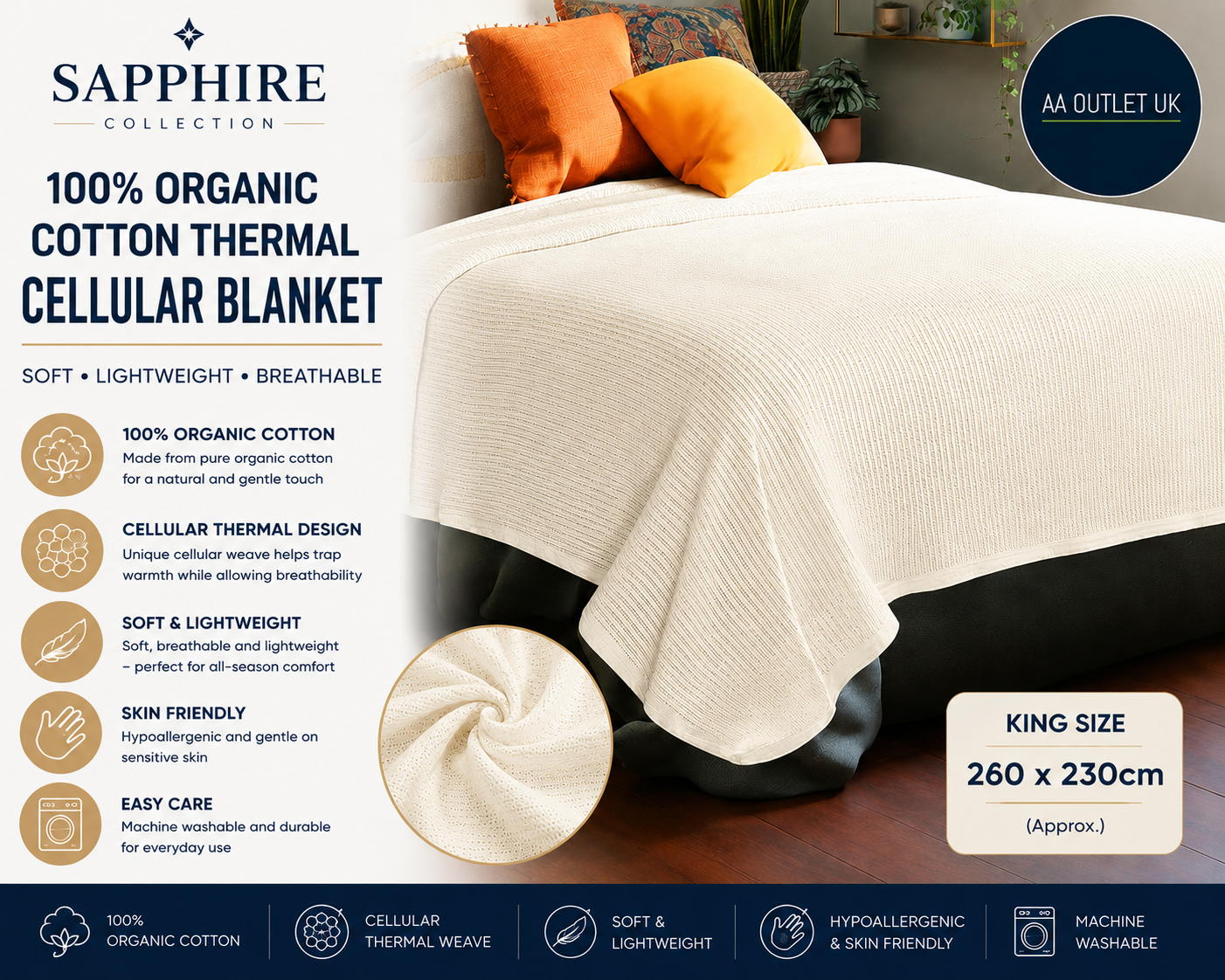 Sapphire Collection Pure Organic Cotton Thermal Soft Lightweight King 260x230cm