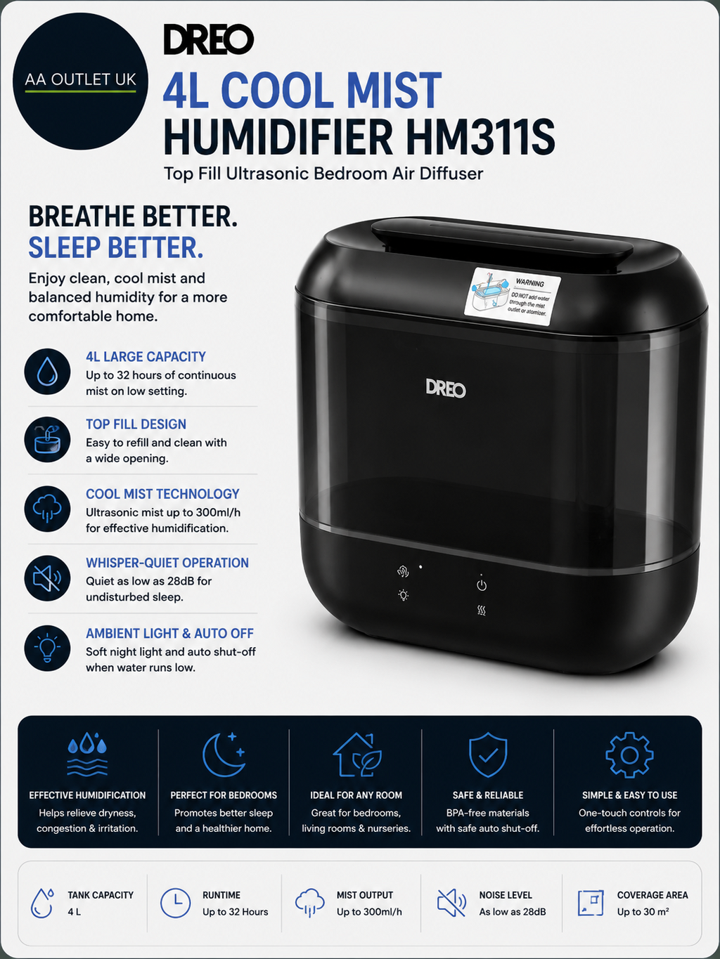 Dreo 4L Cool Mist Humidifier HM311S Top Fill Ultrasonic Bedroom Air Diffuser
