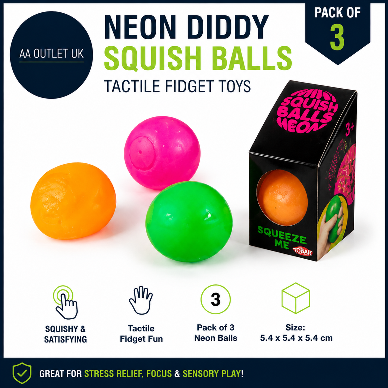 Tobar Neon Diddy Squish Ball Tactile Fidget Toys Pack of 3 5.4x5.4x5.4cm