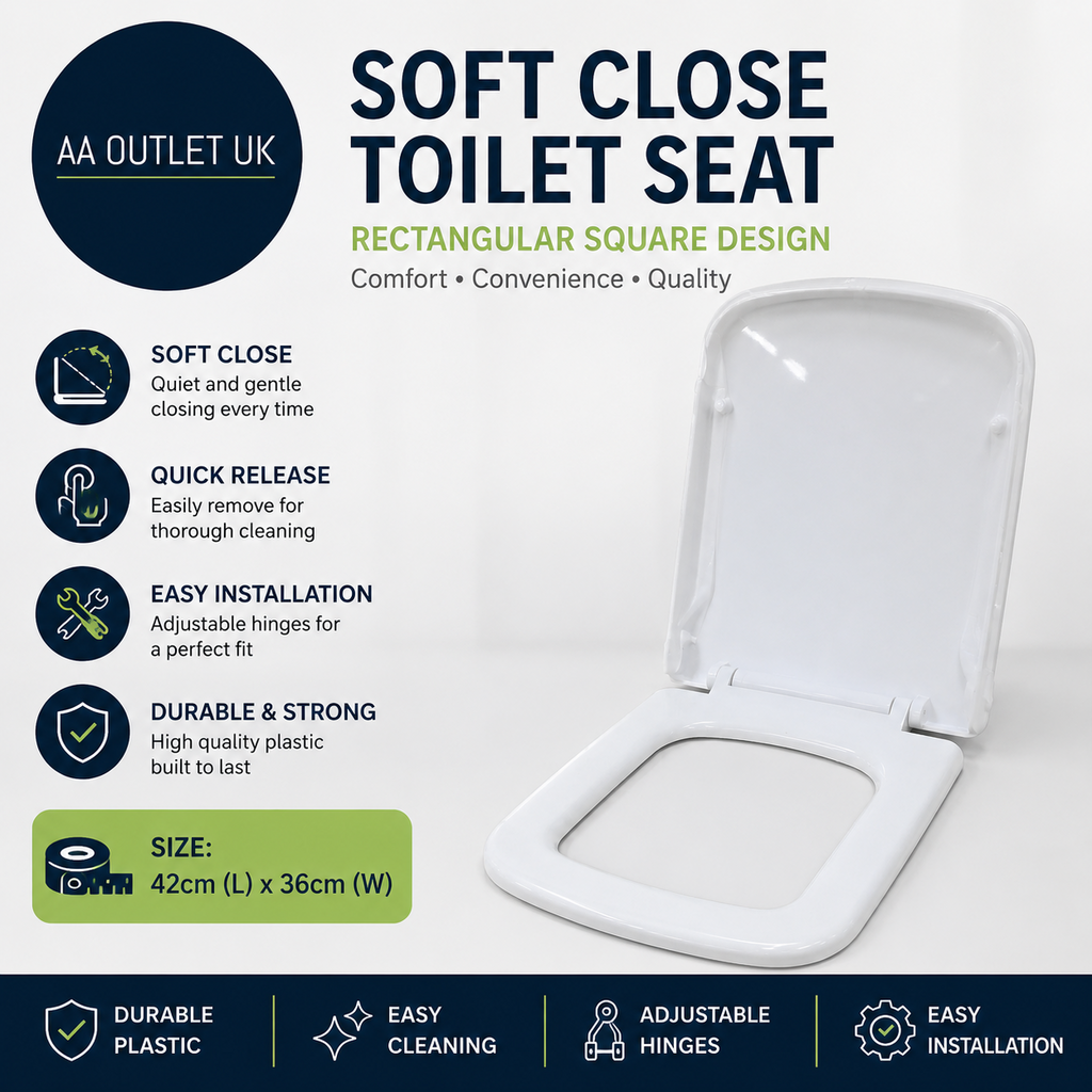 Rectangular Square Soft Close Toilet Seat Quick Release Loo Seat 42x36cm