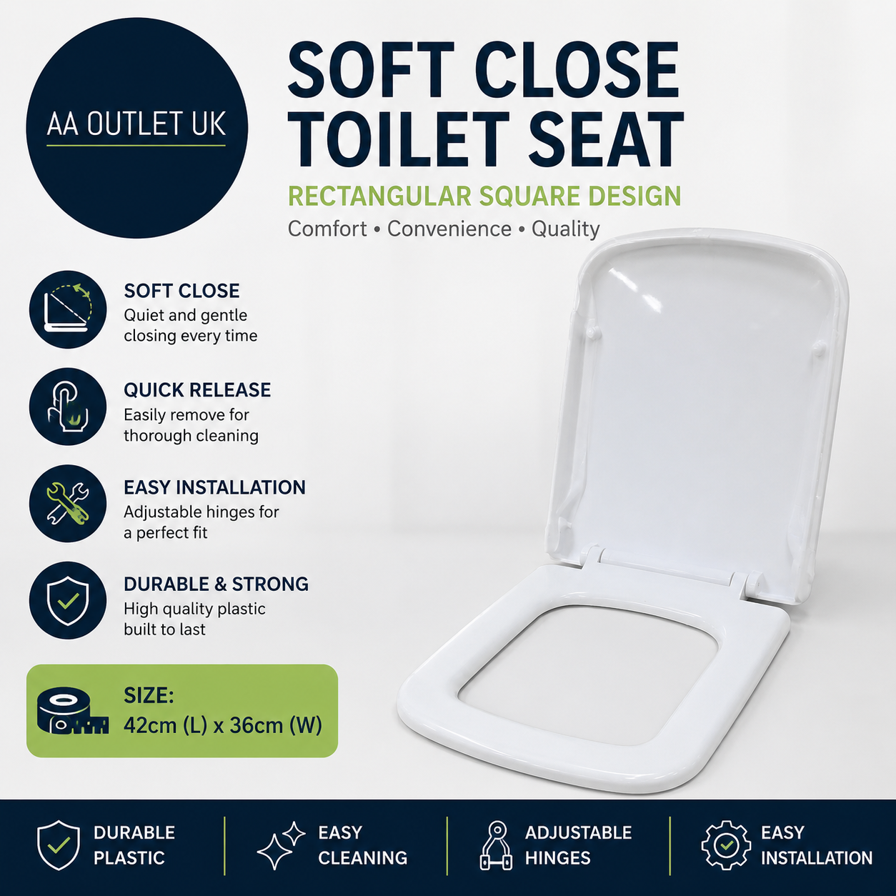 Rectangular Square Soft Close Toilet Seat Quick Release Loo Seat 42x36cm