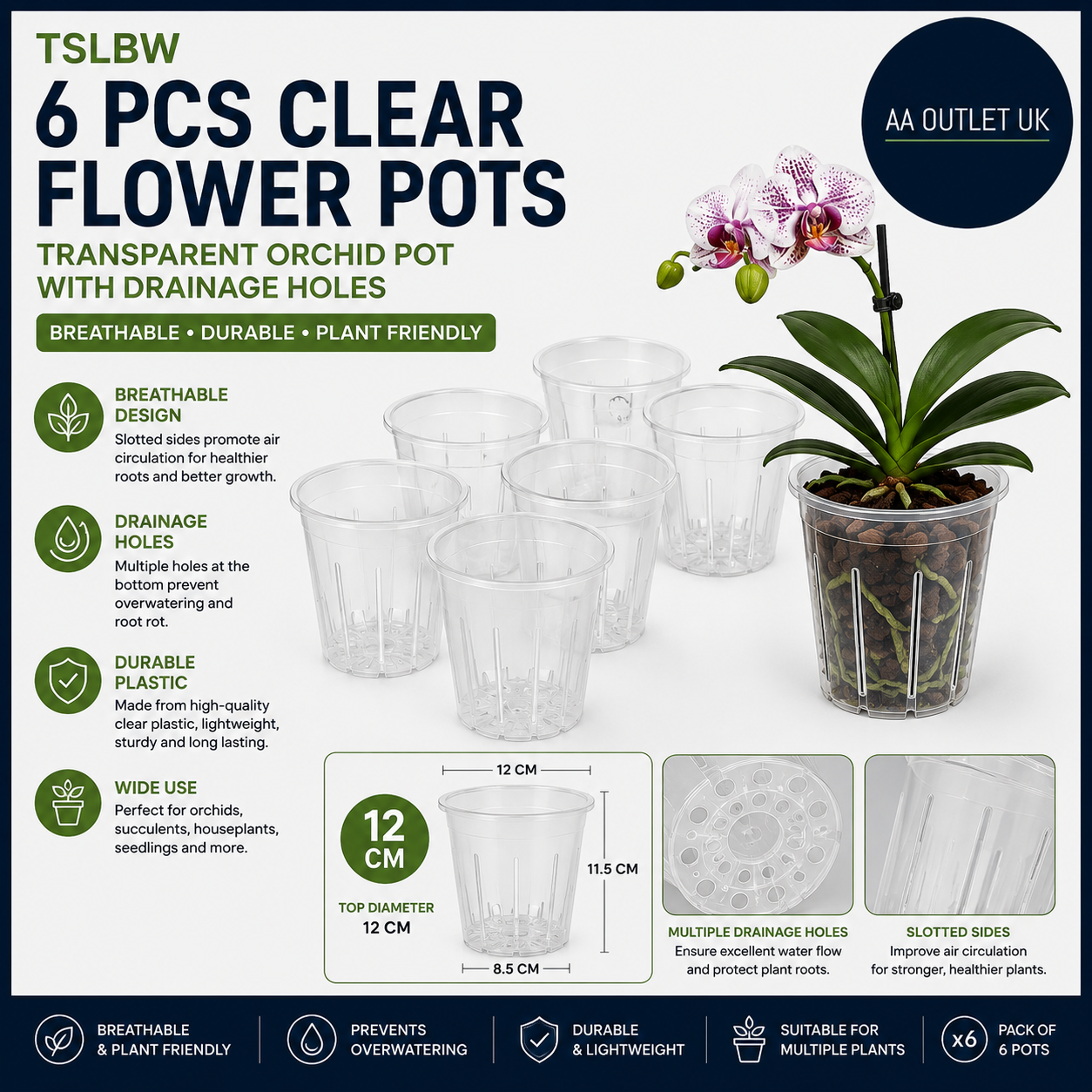 Tslbw 6 Pcs Clear Flower Pots Transparent Orchid Pot Plastic Pots 12cm