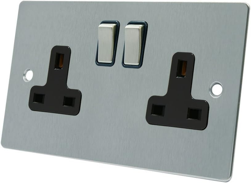 AET FSC2GSOCBS 13A 2 Gang Satin Chrome Double Plug Socket Black Insert Design