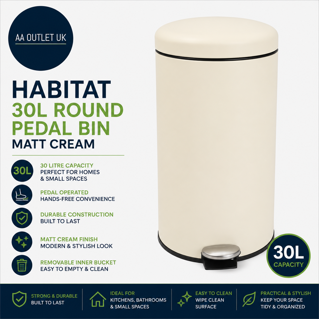Habitat 30Litre Round Kitchen Pedal Bin Made From Carbon Steel Matt Cream
