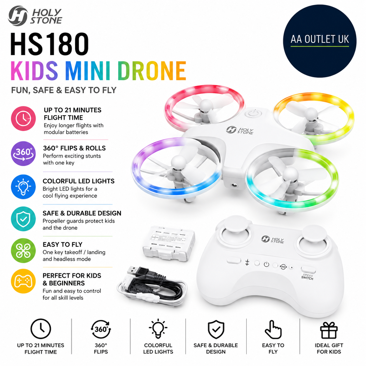 Holy Stone HS180 Kids Mini Drone LED 21 Min Flight 360° Flips Modern Design