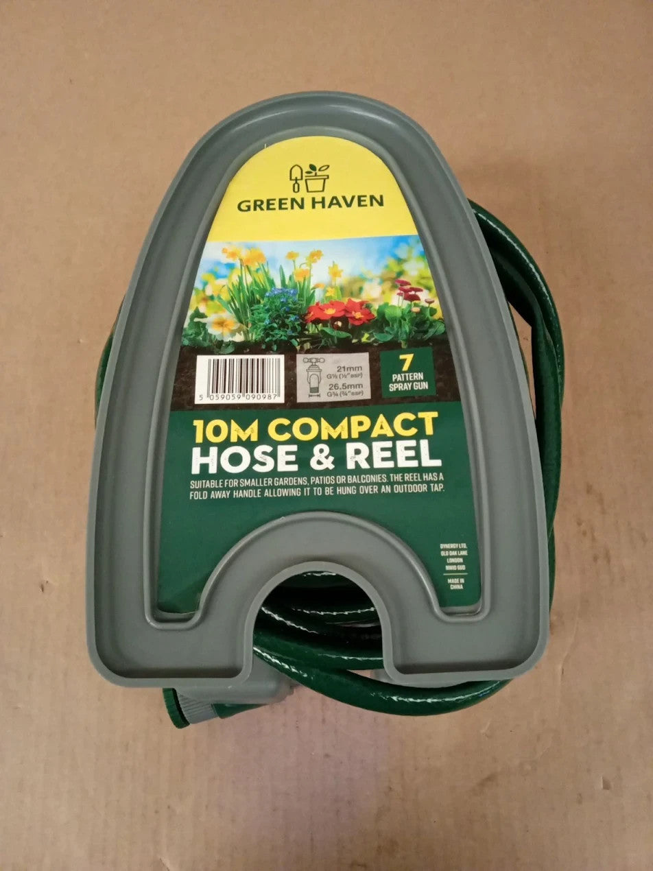 Green Haven Garden Hose Pipe Reel 10m 32ft Lightweight Compact 7 Pattern Spray