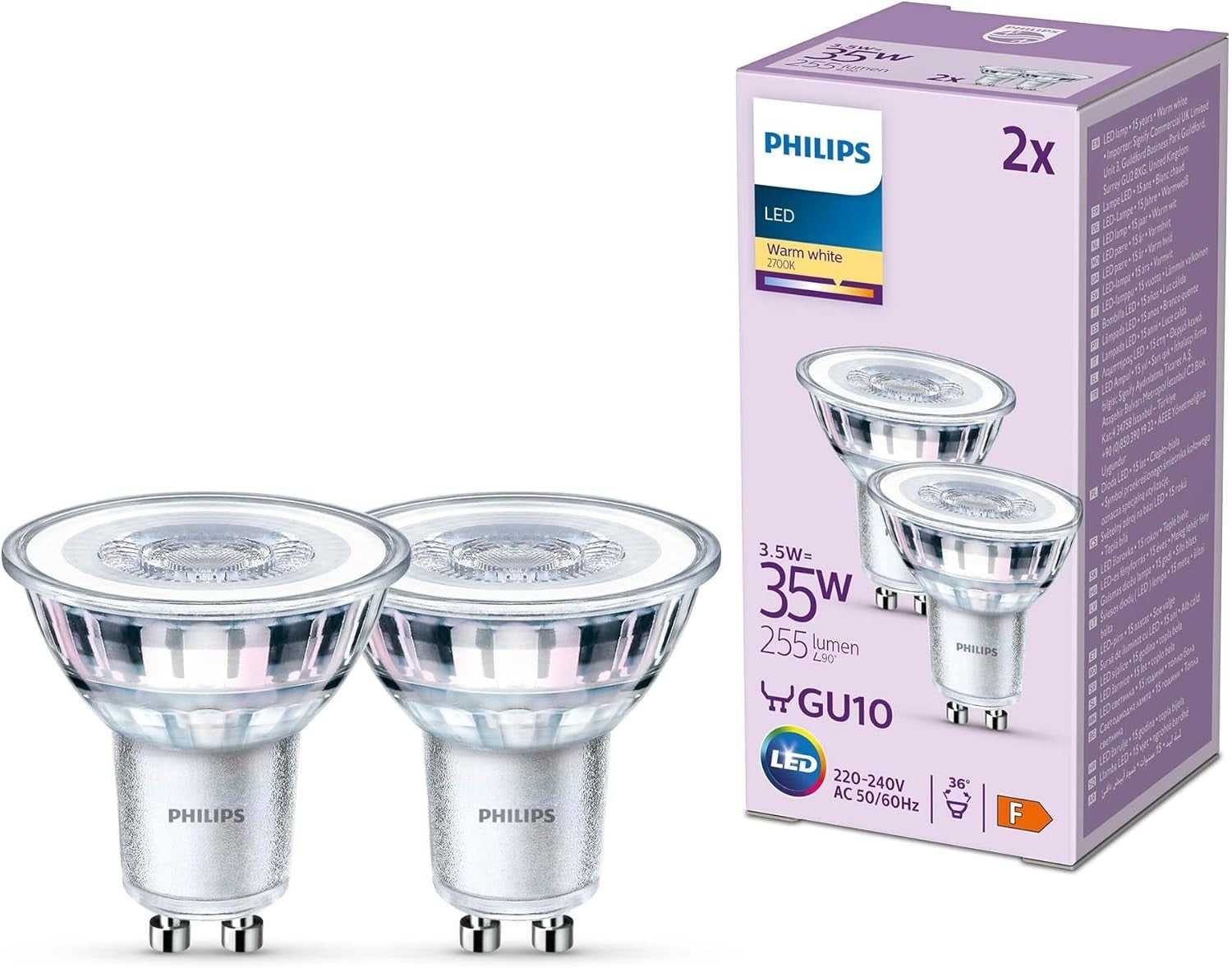 Philips LED Classic Spot Light Bulb 2 Pack Warm White 2700K GU10 35W New