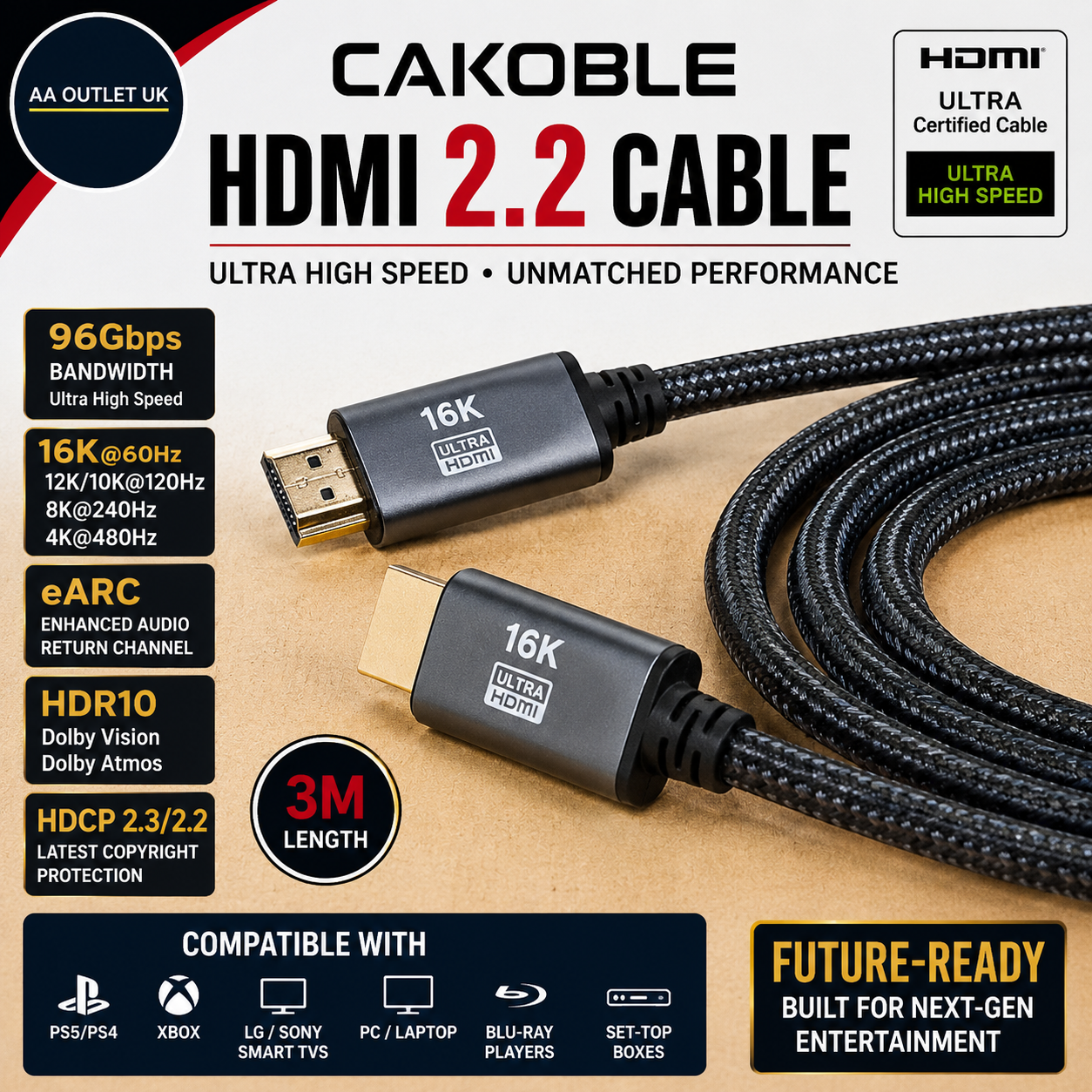 CAKOBLE HDMI 2.2 Cable 3m 96Gbps Ultra High Speed 16K@60Hz 12K/10K 120Hz 8K@24