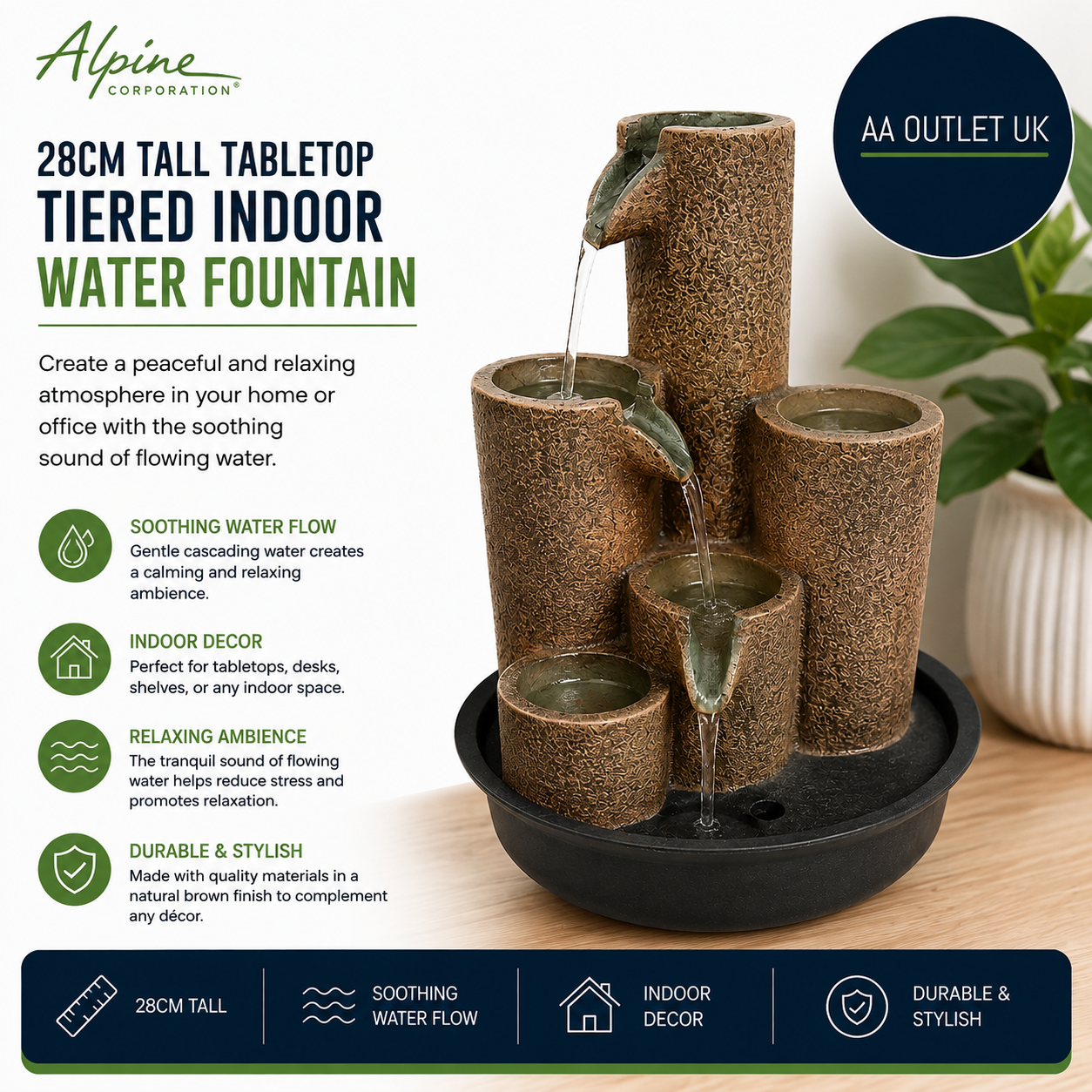 Alpine Corporation 28cm Tall Tabletop Tiered Indoor Water Fountain