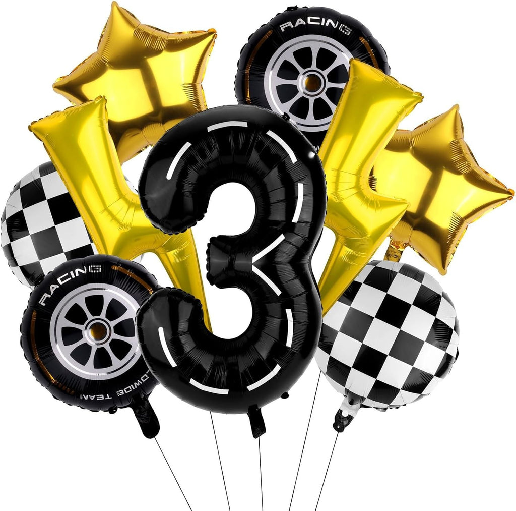 Race Car Birthday Balloons Number 3 Tyre Checker Balloons Race Car 3+ New
