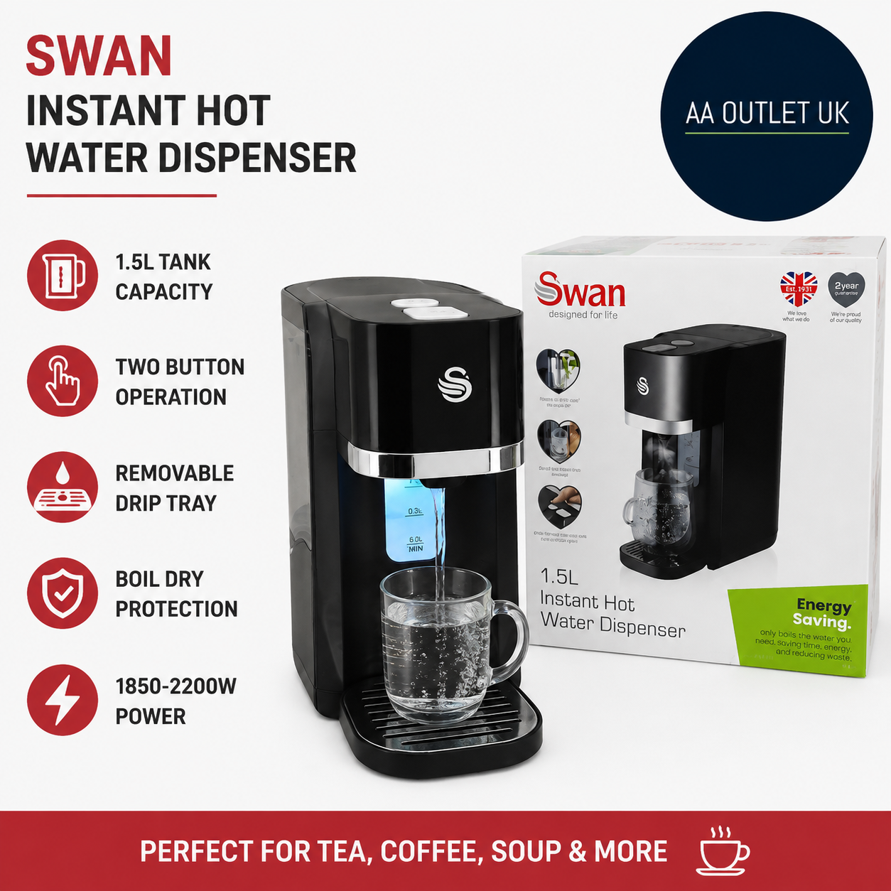 Swan SWD1004 Instant Hot Water Dispenser 1.5L Tank Capacity Two Button Operate