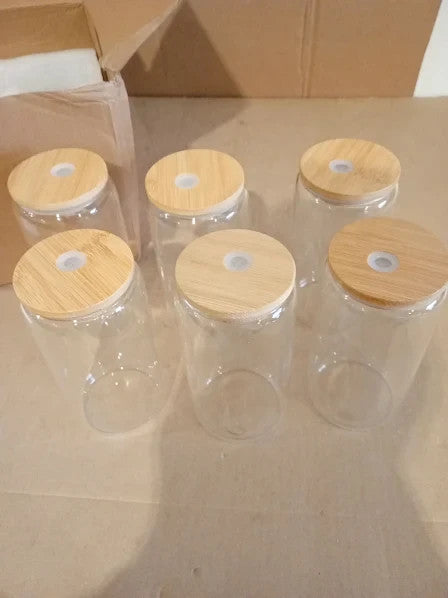 Eidoct 480ml Transparent Can Glass Cups Wooden Lid Straw Reusable New