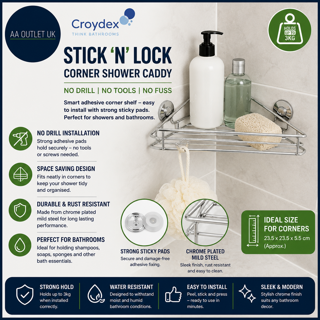 Croydex Stick N Lock Adhesive Corner Shower Caddy No Drill Shelf Bathroom