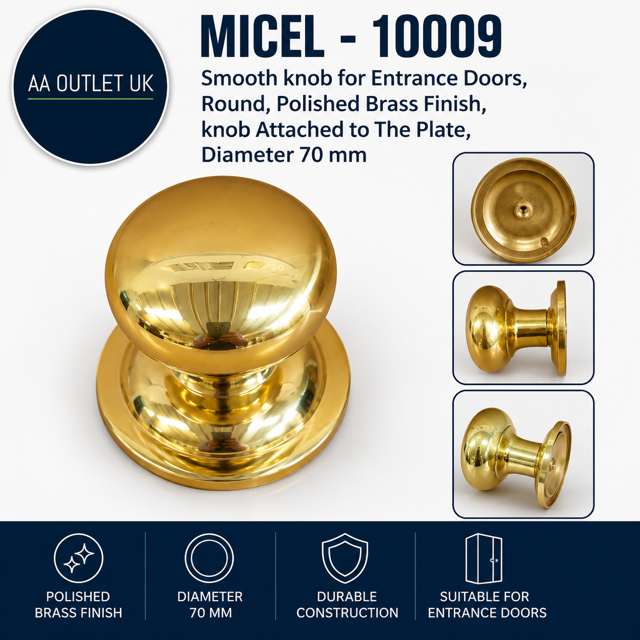 MICEL 10009 Smooth Knob Entrance Doors Round Polished Brass Finish 70mm