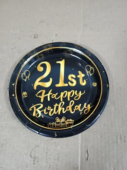 Happy 21st Birthday Paper Plates Black Gold 16pcs Disposable Party 7in New