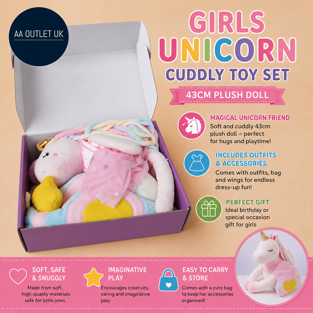 Girls Unicorn Cuddly Toy 43cm Plush Doll Outfits Bag Wings Birthday Gift New