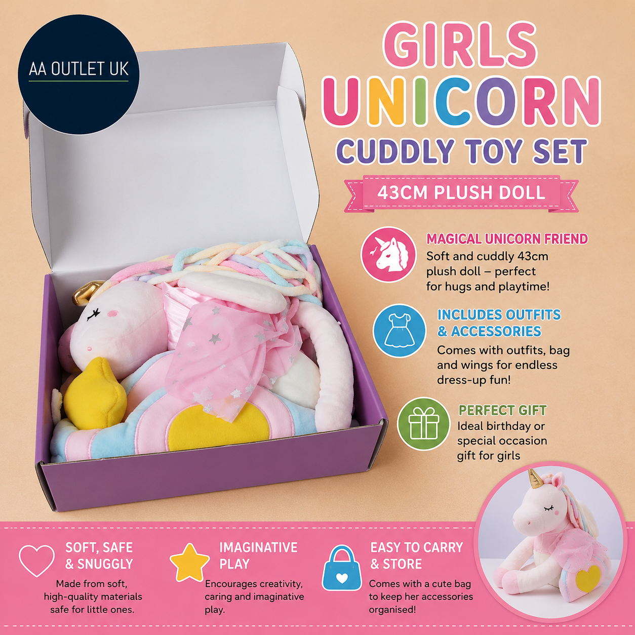Girls Unicorn Cuddly Toy 43cm Plush Doll Outfits Bag Wings Birthday Gift New